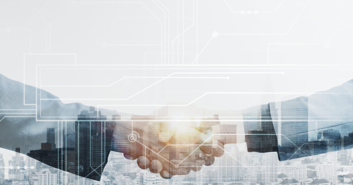 business partners handshake global corporate with technology concept