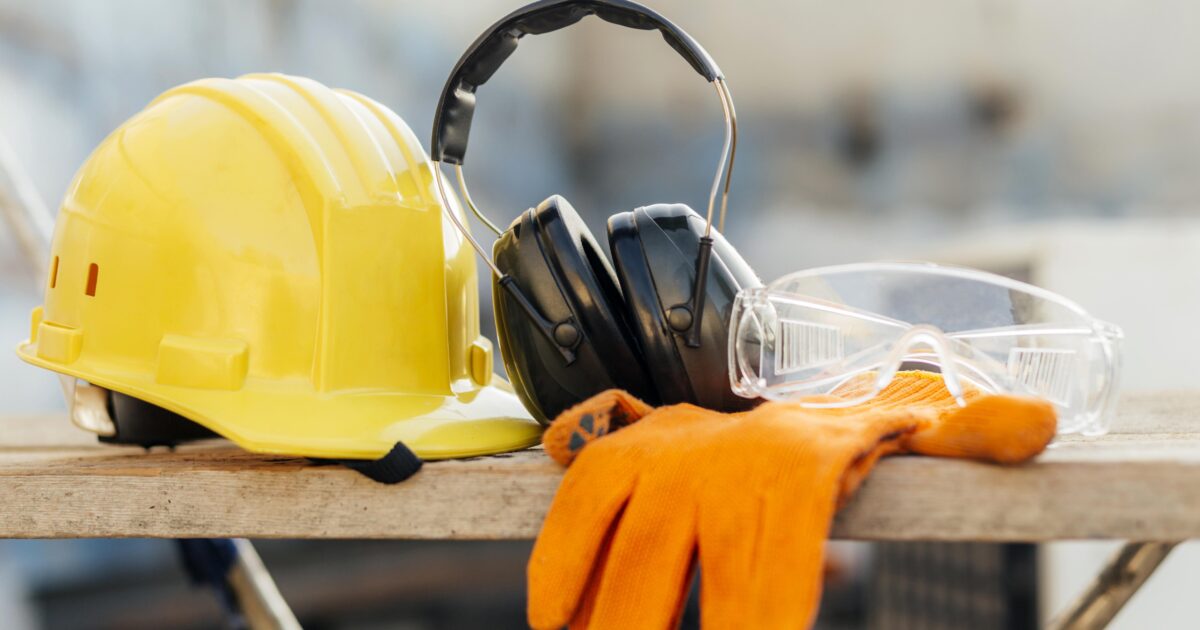 front view protective glasses with hard hat headphones