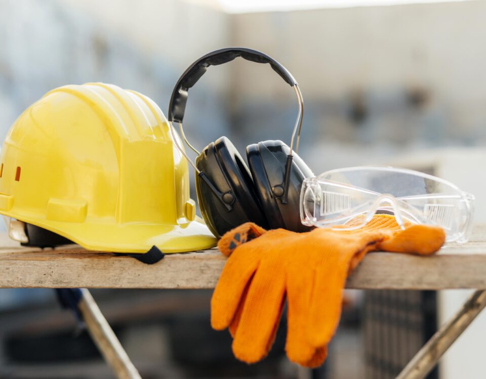 front view protective glasses with hard hat headphones